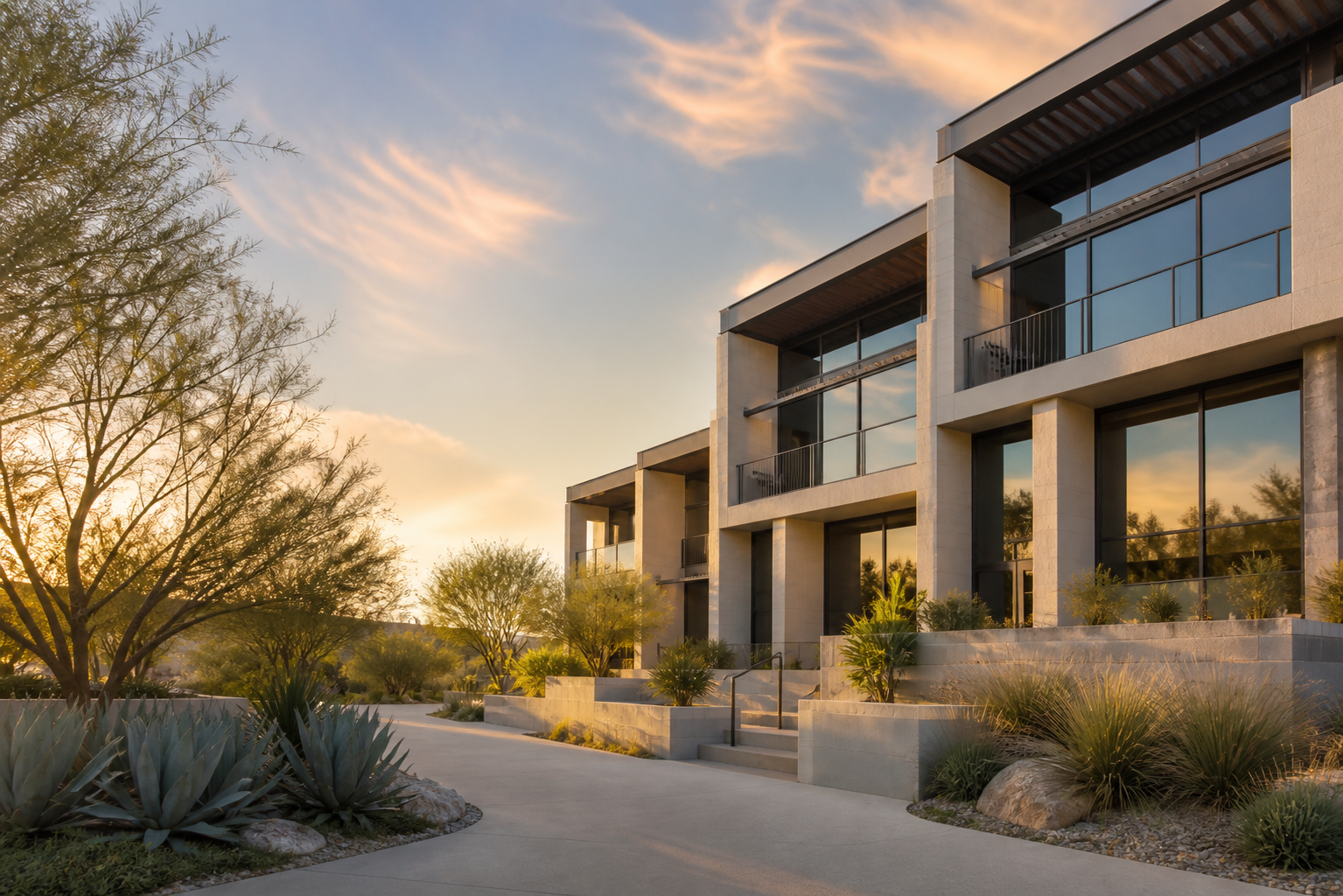 Contemporary desert home with warm architectural lighting